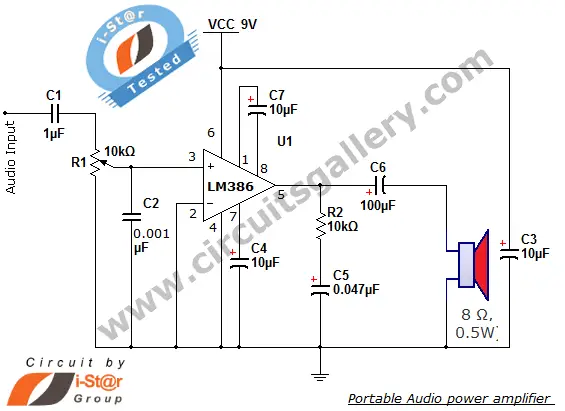 Circuito amplificador de potencia de audio portátil simple que utiliza lm386 IC