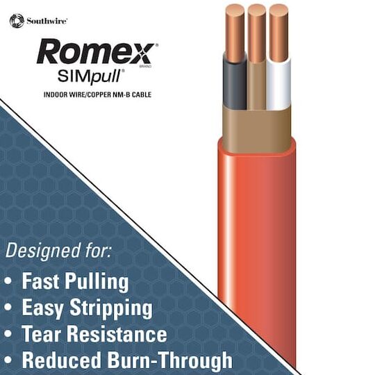 Cable sólido Romex SIMpull CU NM-B W/G de 250 pies, 10/2